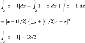 \int_{-2}^{3}|x-1|dx=\int_{-2}^11-x~dx+\int_1^{3}x-1~dx
 \\ 
 \\ =[x-(1/2)x]_{-2}^1+[(1/2)x-x]_1^3
 \\ 
 \\ \int_{-2}^3|x-1|=13/2